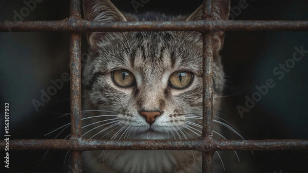 Fototapeta Cat in Cage Showing Deep Emotion With Expressive Eyes in a Captive Setting.