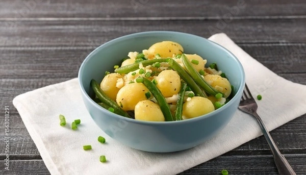 Obraz Vegetarian salad with potatoes, green beans and chives in a blue ceramic bowl on gray wooden table. Generated image