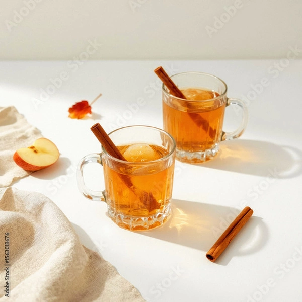 Fototapeta Fresh Apple Cider Served in Glass With Cinnamon and Apple Slices Representing Autumn Flavors.