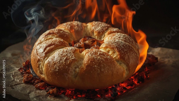 Fototapeta Traditional Bialy Bread Roll With Onion-Filled Center Originating From Jewish Cuisine and Polish Baking.
