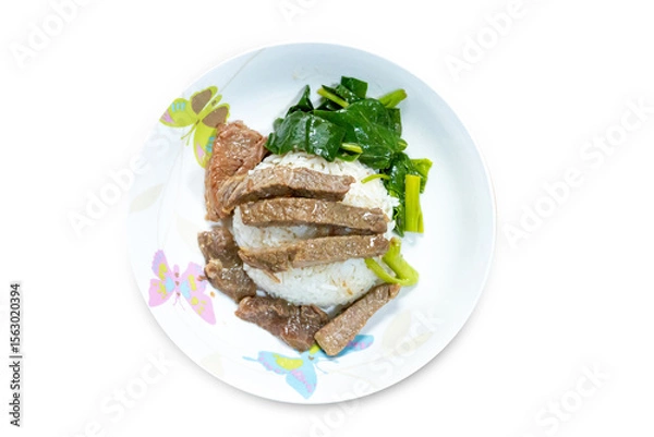 Fototapeta Top view of Stir Fried Kale with Pork, focus selective