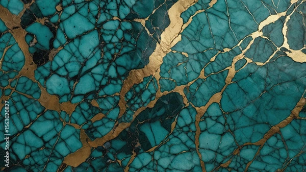 Fototapeta Cracked Teal and Gold Marble Texture Featuring Abstract Patterns and Decorative Surface Design.