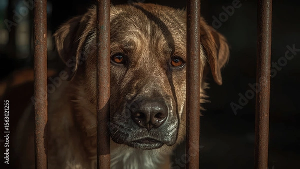 Fototapeta Sad Dog in Cage Showing Emotional Expression Through Bars in an Isolated Environment.