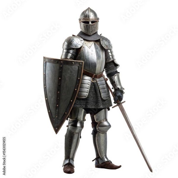 Fototapeta A formidable knight stands in full plate armor on transparent