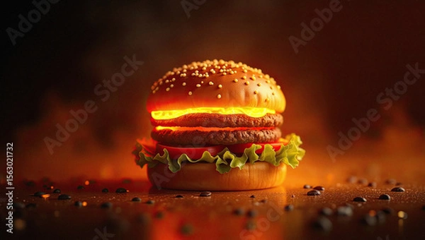Fototapeta Spicy Burger Engulfed in Flames With Melted Cheese and Grilled Patty for Fiery Fast Food Concept.
