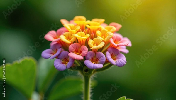 Fototapeta Lantana Strigocamara Flower in Full Bloom With Rich Color and Natural Green Leaves in Garden Scene.