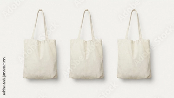 Fototapeta Set of Three Tote Bags in Neutral Colors Displayed for Eco-Friendly Fashion and Daily Use.