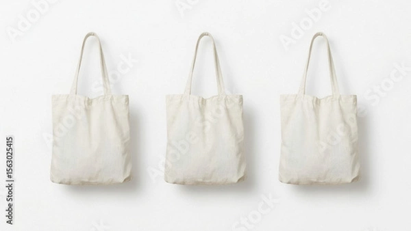 Fototapeta Three Tote Bags Mockup Displayed on Clean White Background for Fashion Product Presentation and Branding.