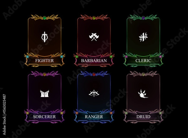 Obraz set of dark fantasy gothic medieval trading card game with fighter, barbarian, cleric, sorcerer, ranger, druid class in various color