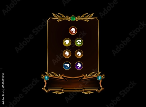 Obraz fantasy dark medieval trading card game with gold frame and dragon, eagle, shark, wolf, horse, lion, snake logo symbol