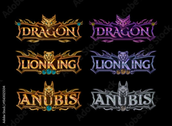 Obraz set of fantasy gothic medieval glossy game logo with dragon, lion, anubis symbol in gold, diamond, silver color