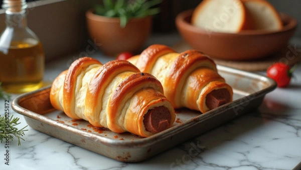 Fototapeta Two Perfectly Baked Sausage Rolls on Rustic Metal Tray With Golden Crust and Hearty Filling.
