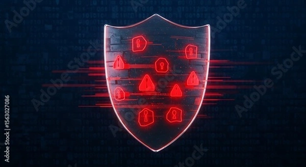 Fototapeta Cybersecurity concept featuring transparent firewall shield with red intrusion alerts on binary code