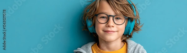 Fototapeta A smiling child with glasses and blue headphones poses against a blue background, wearing a yellow shirt and gray jacket.