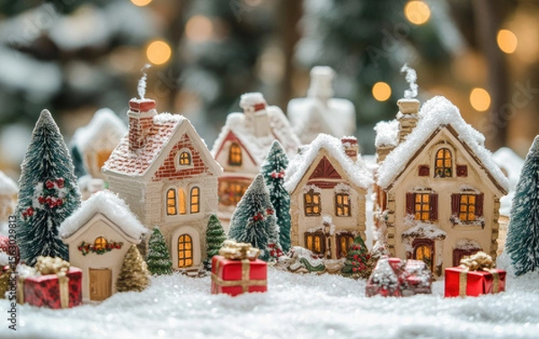 Fototapeta A festive Christmas tree stands adorned with decorations in a snowy winter scene, capturing the essence of the holiday season