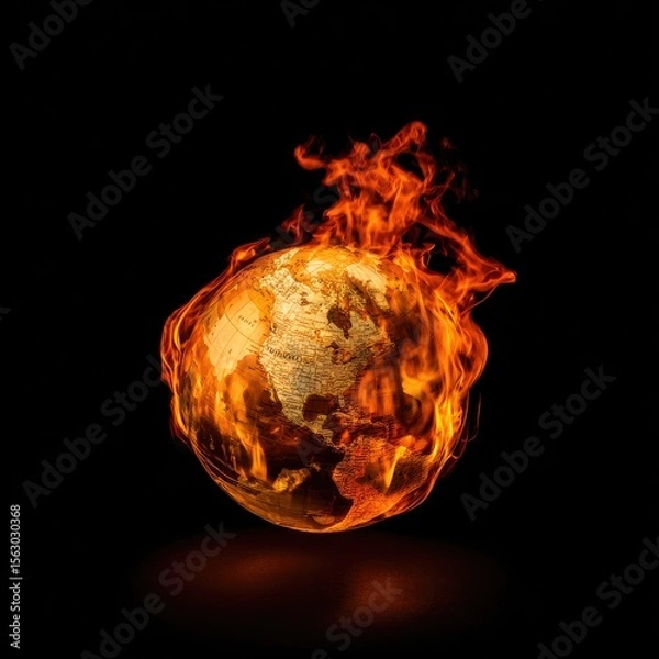 Fototapeta  Flaming Earth Globe with Fiery Continents on a Dark Background, Representing Environmental Crisis