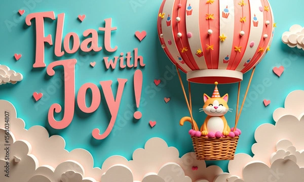 Fototapeta Cute girl riding balloon through clouds with playful Float with Joy text.