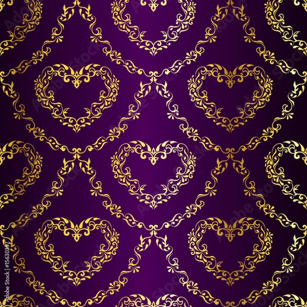 Fototapeta Gold-on-Purple seamless sari pattern with hearts