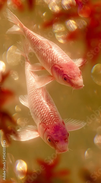 Fototapeta Dos pares de peces brillantes, nadando serenamente, hermosos y de un resplandeciente color rojo.
