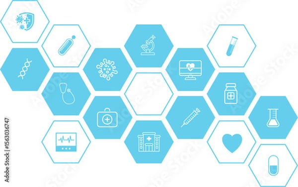 Fototapeta Abstract geometric health care background with hexagon shapes for medicine, science, chemistry. Medical background with flat icons and symbols