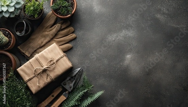 Fototapeta Flatlay of gardening tools, succulents, and a wrapped gift on a dark surface, leaving ample space