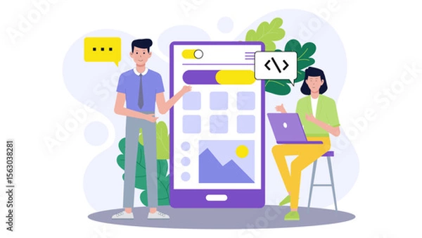 Fototapeta Website design teamwork on a large phone. Suitable for web design, development, team collaboration, mobile app design, and technology projects.