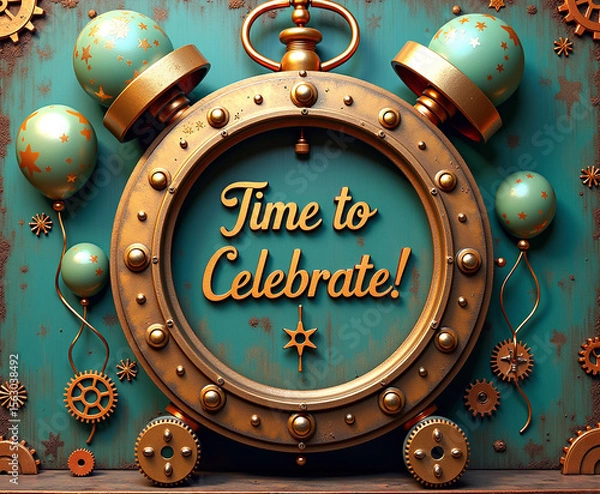 Fototapeta Steampunk clock with golden gears and ornate message urging celebration.