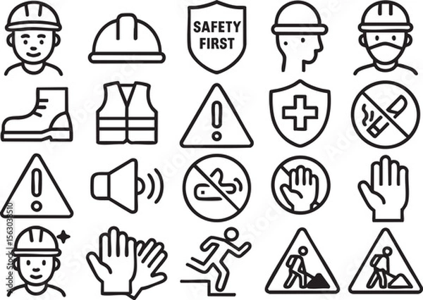 Fototapeta Safety icons set, including construction worker, helmet, safety vest, warning signs, and hand signals, ideal for construction sites, industrial settings, and safety manuals
