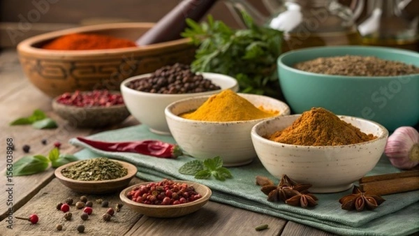 Fototapeta Top-down of colorful spices in bowls on rustic table culinary stock favorite.stock image, cooking and food preparation
