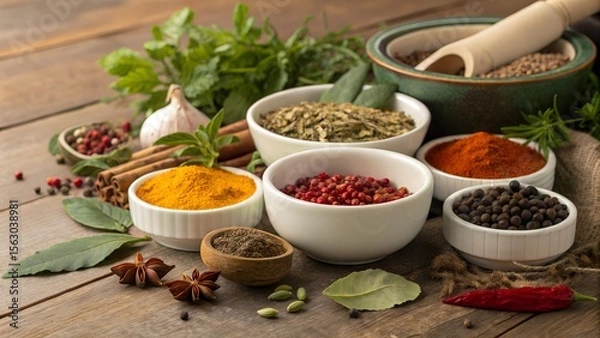 Fototapeta Top-down of colorful spices in bowls on rustic table culinary stock favorite.stock image, cooking and food preparation