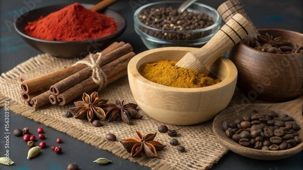 Fototapeta Top-down of colorful spices in bowls on rustic table culinary stock favorite.stock image, cooking and food preparation