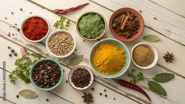 Obraz Top-down of colorful spices in bowls on rustic table culinary stock favorite.stock image, cooking and food preparation
