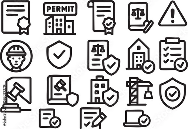 Fototapeta A collection of line icons related to construction, permits, legal documents, and building safety regulations, ideal for websites or apps needing a professional and consistent visual style.