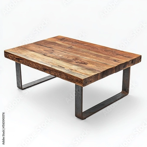 Obraz A rustic rectangular wooden table with thick planks and sturdy, dark metal legs on a white background.