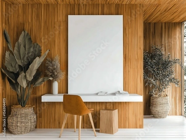 Fototapeta Minimalist Interior Mockup depicted as a clean Flat Design Vector Art illustration of an open-plan office with a long wooden table and modern grey chairs Modern Architectural Display Spaces Minimalist