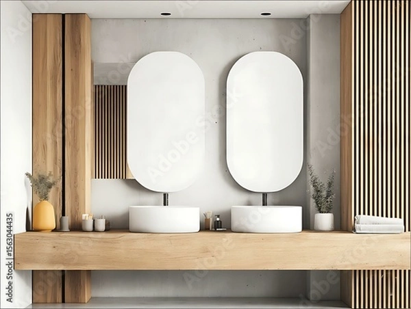 Fototapeta Minimalist Interior Mockup in a surreal dreamlike setting, mfloating mysteriously above a light wooden vanity Contemporary Interior Mockups Modern Architectural Display Spaces