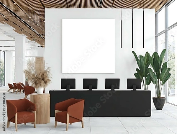 Fototapeta Minimalist Interior Mockup with a moody cinematic feel, sleek black desk and multiple blank computer screens Contemporary Interior Mockups Modern Architectural Display Spaces
