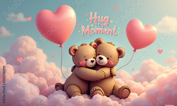 Fototapeta Two teddy bears hugging with heart balloons in magical sky scene.