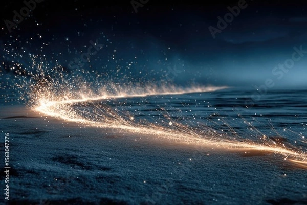 Fototapeta Luminous sparks dance along dark shoreline, creating magical atm