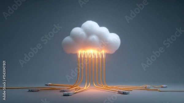 Fototapeta A 3D visualization of cloud computing technology, showing data transfer through glowing fiber optic cables connected to a central server