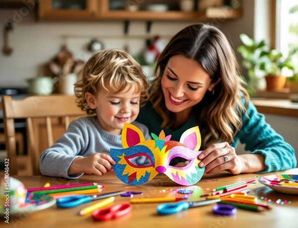 Fototapeta Celebrating creativity through crafting joyful masks with a child and mom during family time