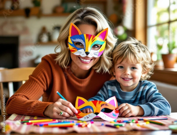 Fototapeta Creative family crafting time with colorful cat masks and joyful expressions