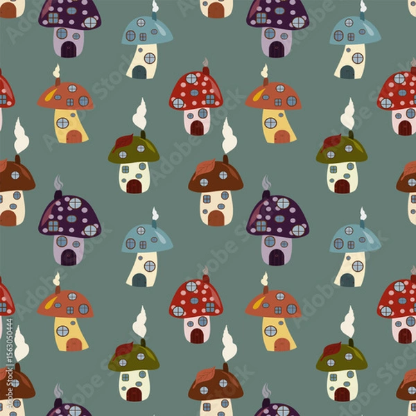 Fototapeta Seamless vector pattern of fairy mushroom houses in various colors with smoke on a teal-grey background. Perfect for fairy tale fabrics, children's decor, and fantasy themes.