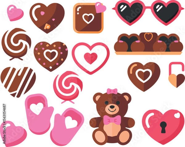 Obraz Cute Chocolate and Valentine Icons Set with Hearts, Bear, and Sweets