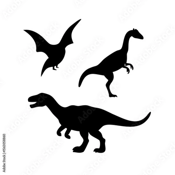 Fototapeta Three prehistoric silhouette dinosaurs and a flying reptile, perfect for educational materials or prehistoric themed design.