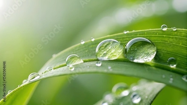 Fototapeta Macro shot of water drops on bright green leaf  minimalistic, abstract nature.high quality background