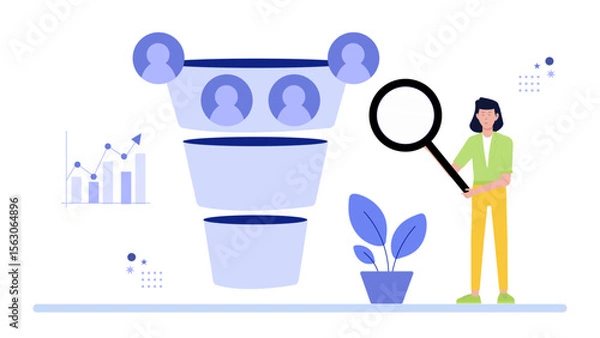 Fototapeta Sales funnel analysis with a magnifying glass for digital marketing, strategic planning, business analytics, market research presentations, and consulting services.