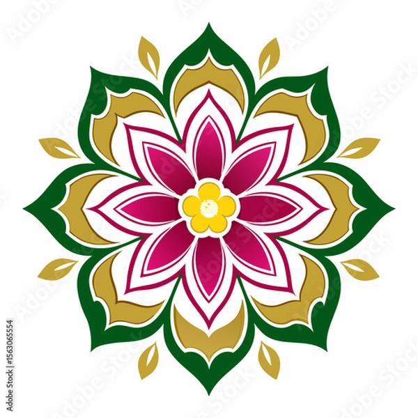 Obraz Illustration of a symmetrical floral design with pink petals green and gold leaves on a white background