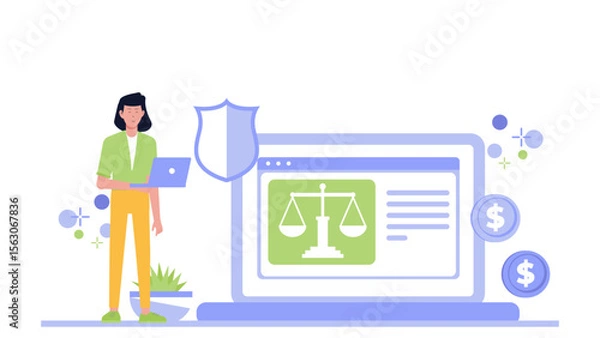 Fototapeta Woman using a laptop with legal scales and a shield, perfect for law and justice concepts or legal technology websites.