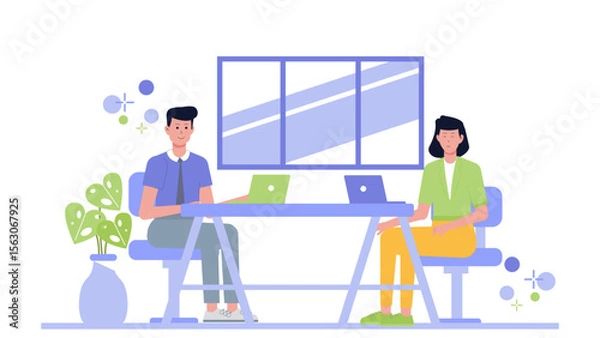 Fototapeta Two people working on laptops at a table. Ideal for illustrating teamwork, collaboration, remote work, technology, office setting themes.